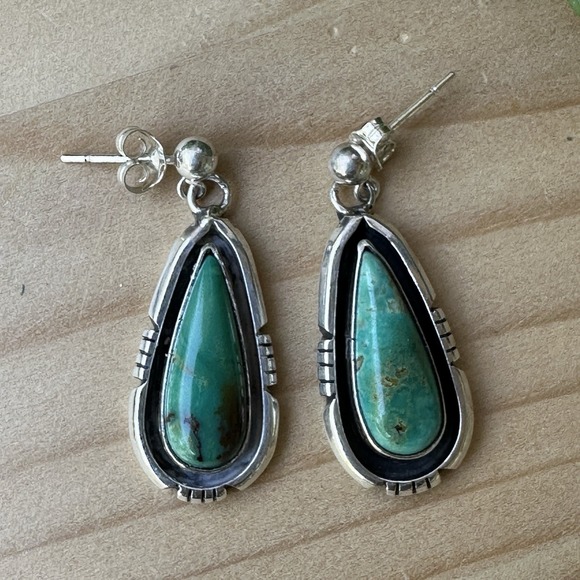 Abraham Begay Navajo Dangle Post Earrings 1.25" Turquoise 925 Sterling 7.4g - Picture 1 of 7